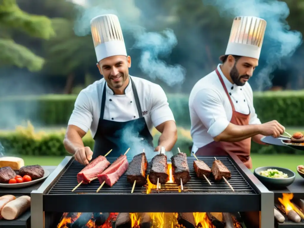 Un grupo de chefs profesionales de asado uruguayo frente a una parrilla tradicional, encendida y rodeados de deliciosas carnes y verduras