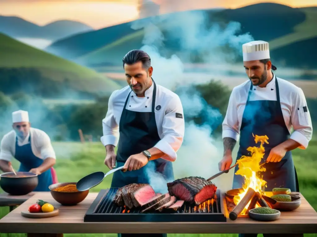 Un grupo de chefs profesionales en trajes tradicionales uruguayos asando carne premium con pasión y expertise en el arte del asado uruguayo