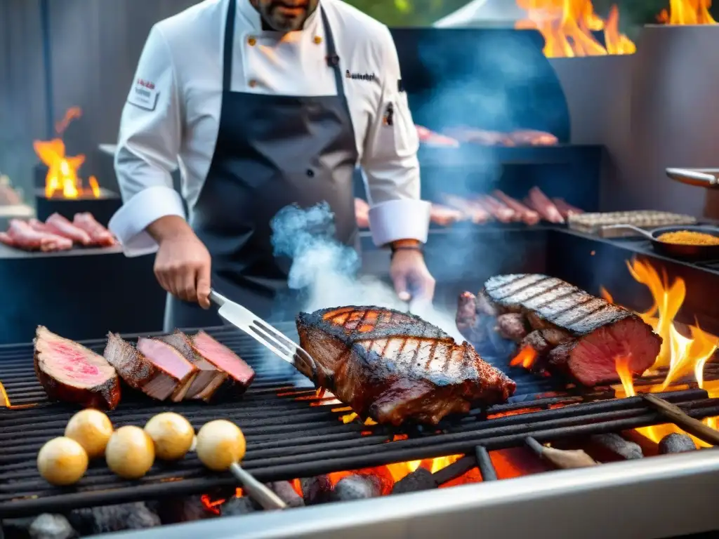 Un grupo de chefs renombrados asando carnes en una parrilla gigante, rodeados de utensilios y especias