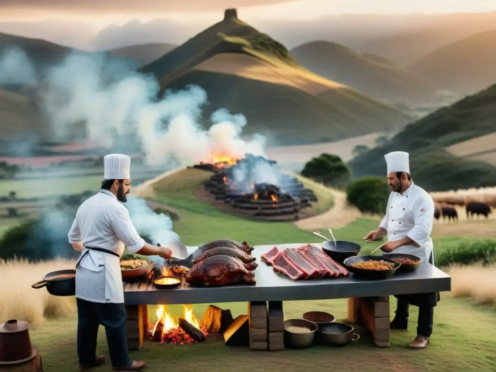 Un grupo de chefs en trajes tradicionales uruguayos preparando un asado en el campo al atardecer