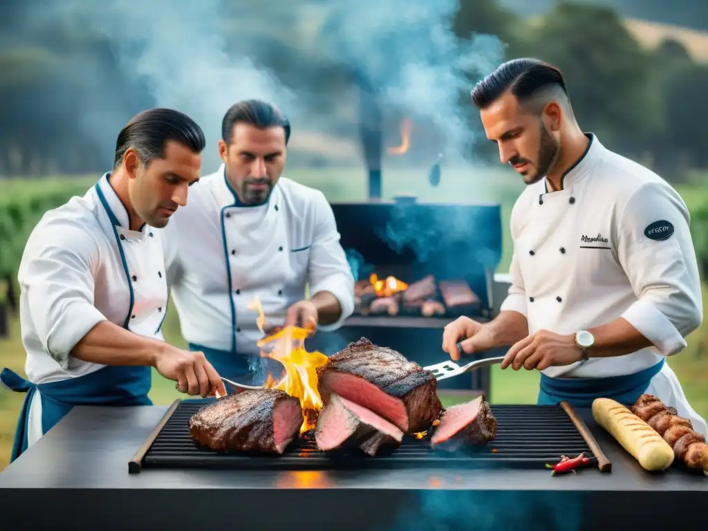 Un grupo de chefs en trajes tradicionales gauchos asando carne uruguaya premium en un entorno campestre, enfocados en su maestría culinaria