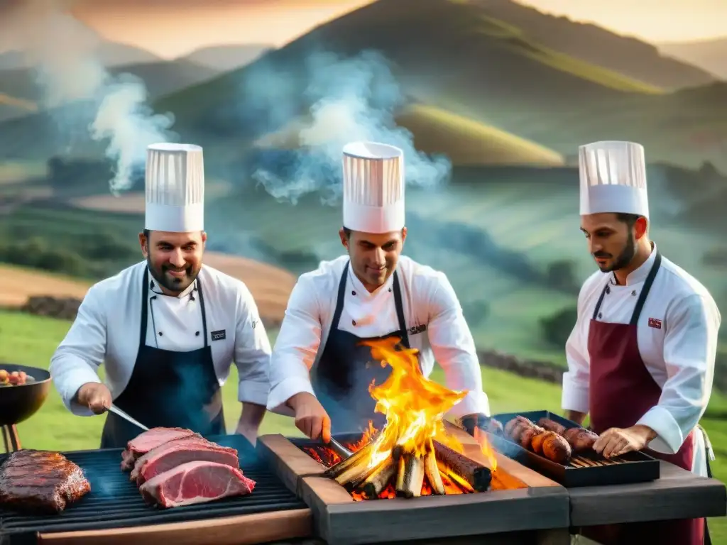 Un grupo de chefs en trajes tradicionales uruguayos preparando carne a la parrilla con certificaciones técnicas de asado Uruguay