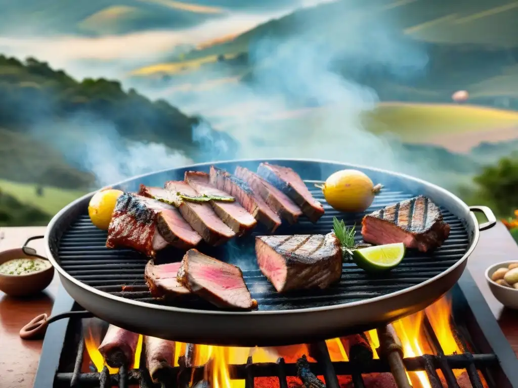 Un grupo de chefs uruguayos revolucionan el asado en una parrilla, creando una escena culinaria apasionante en el campo