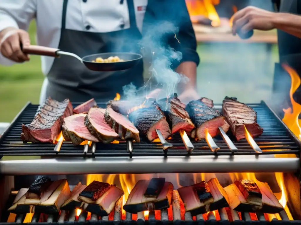 Un grupo de chefs uruguayos revolucionan el asado en una parrilla tradicional, con llamas y humo, demostrando su arte culinario