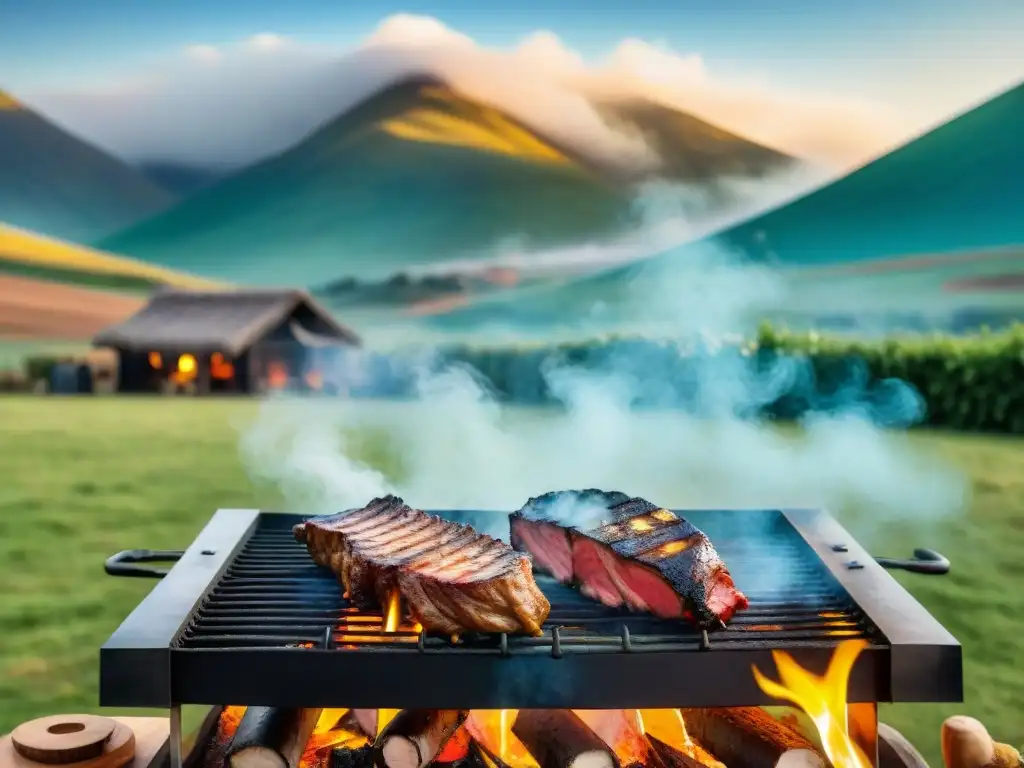 Un grupo de chefs uruguayos preparando un asado tradicional con perfección en un entorno campestre