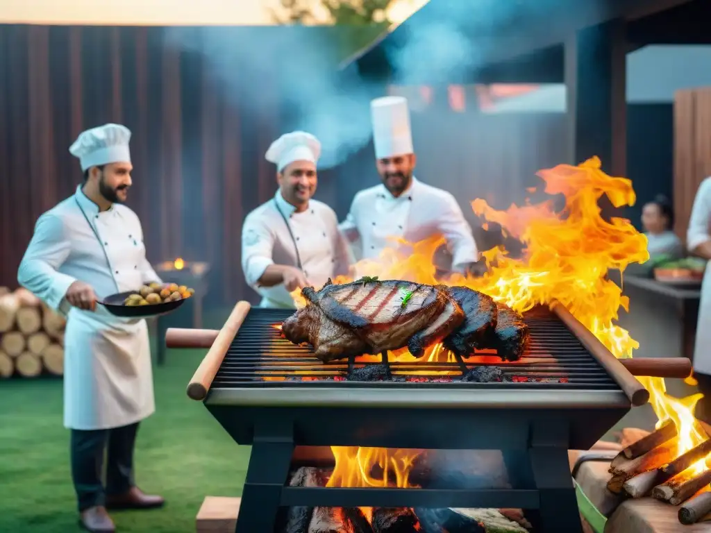 Un grupo de chefs uruguayos destacados junto a una parrilla tradicional, mostrando su estilo único en asado uruguayo