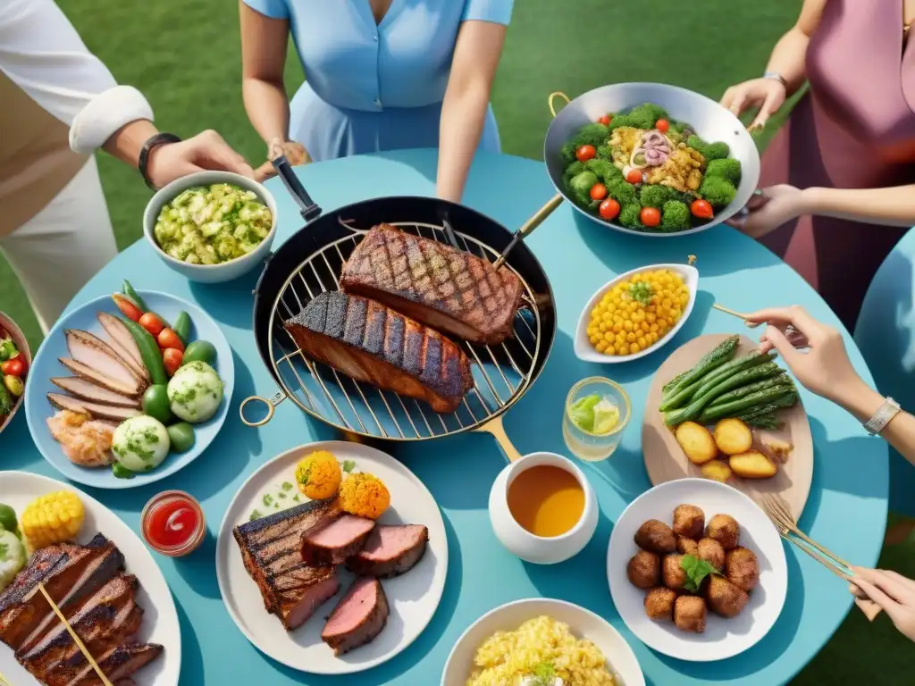 Grupo diverso disfruta de un asado al aire libre en un día soleado, lleno de alegría y conversaciones, creando una atmósfera festiva