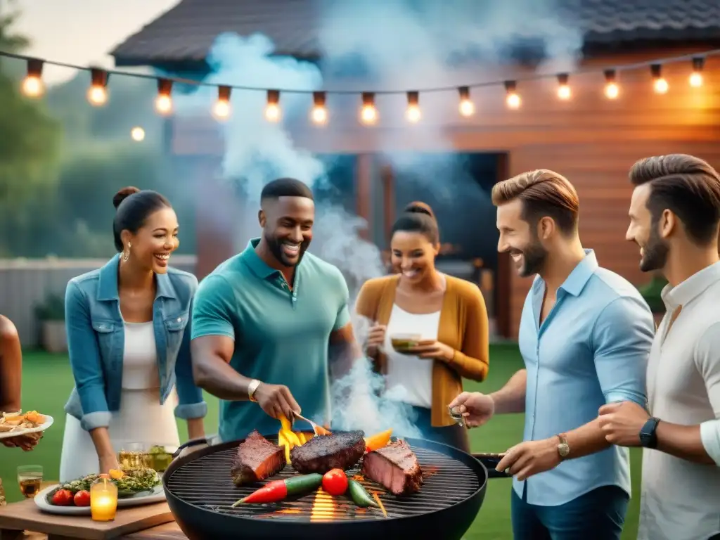 Un grupo diverso disfruta de un asado en un evento de marcas, en un patio decorado con luces cálidas