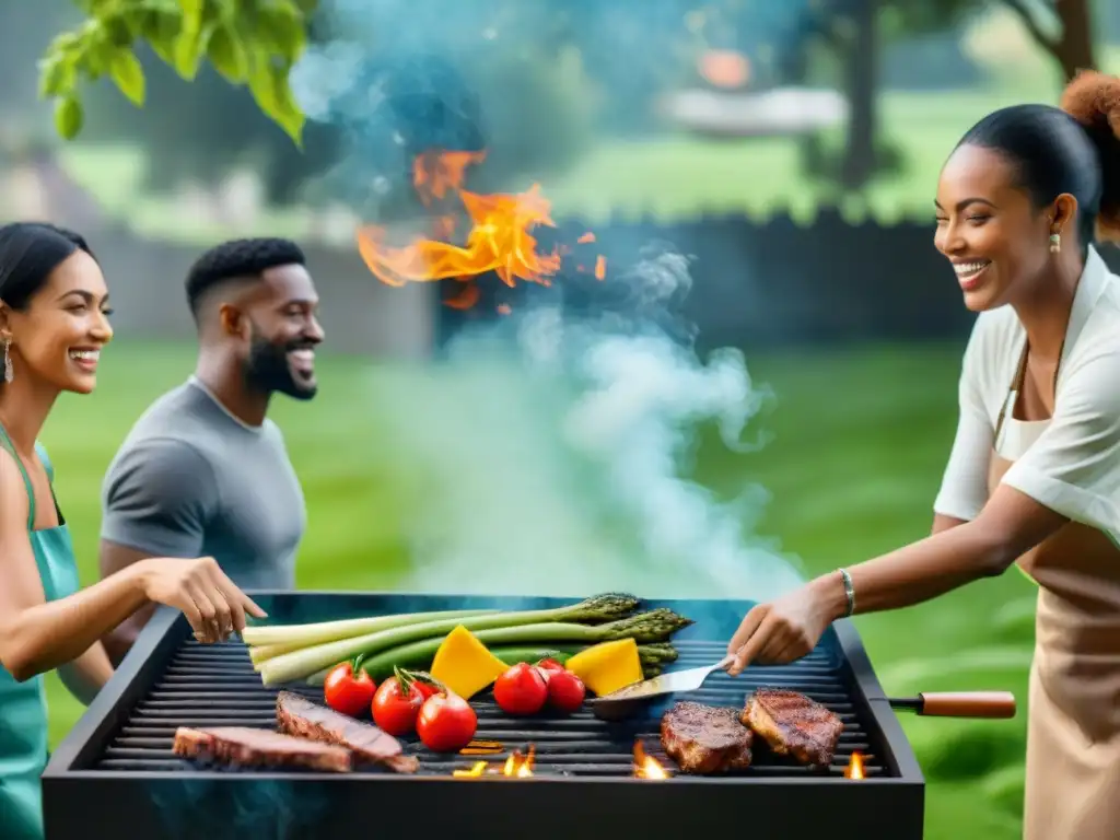 Un grupo diverso disfruta de un asado responsable junto a una parrilla sostenible en un entorno natural