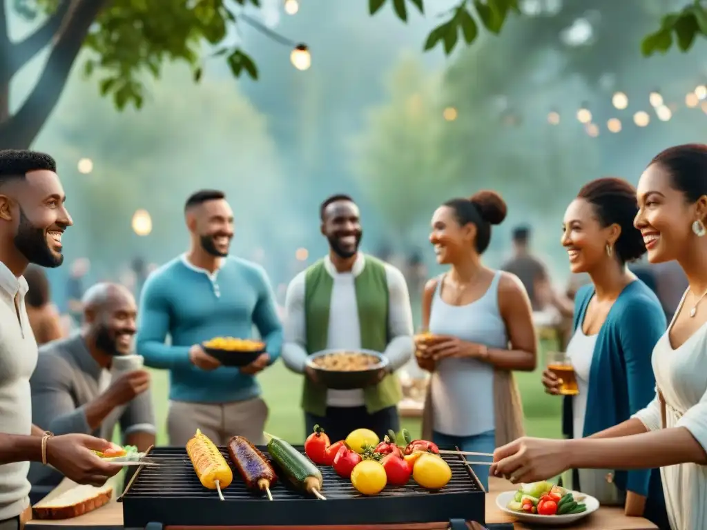 Grupo diverso disfruta asado saludable al aire libre, siguiendo consejos asado sin afectar salud