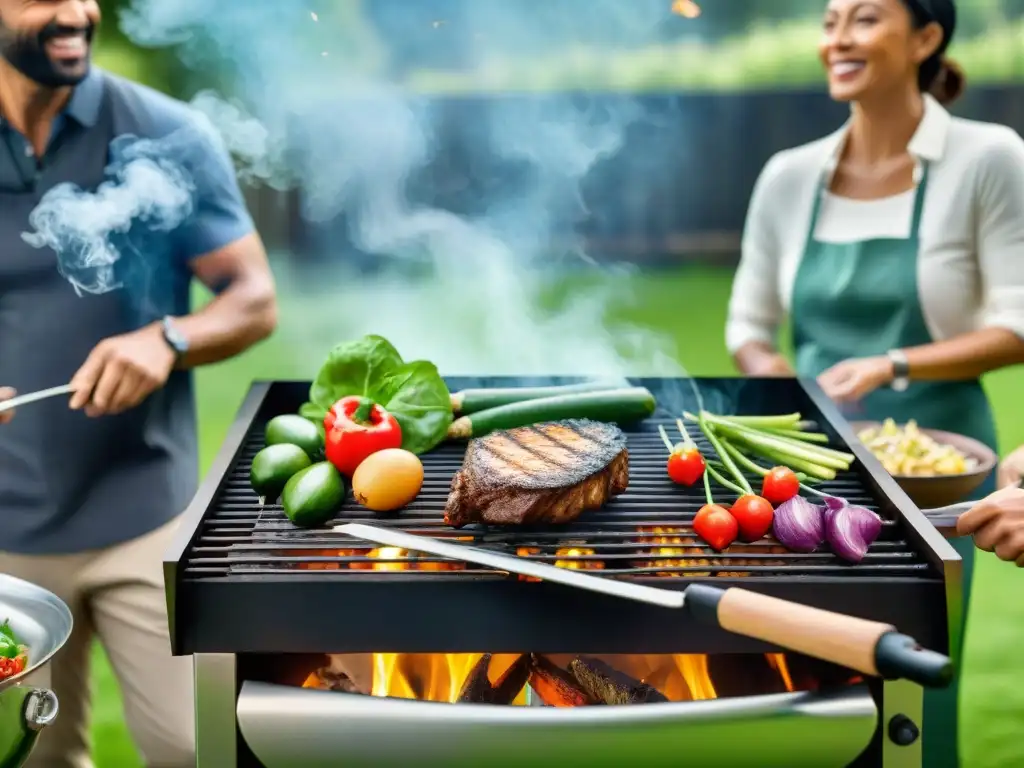 Un grupo diverso disfrutando de un asado sostenible al aire libre, superando barreras con innovación y comunidad