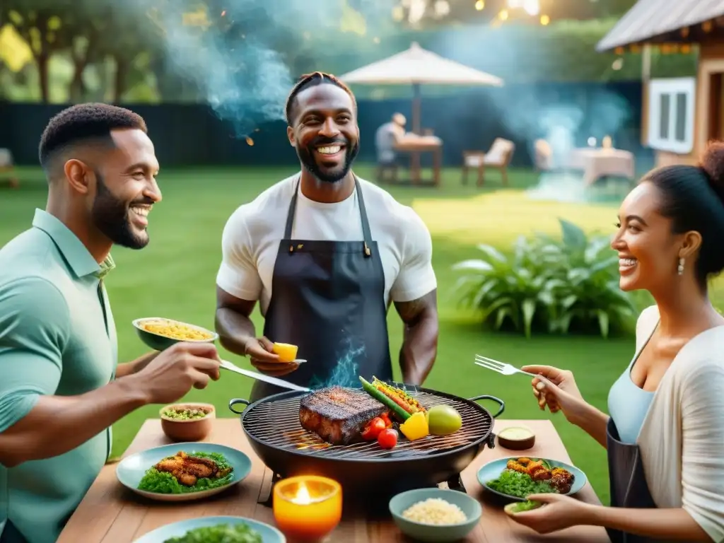 Un grupo diverso disfruta un asado sostenible en un jardín verde, superando barreras juntos