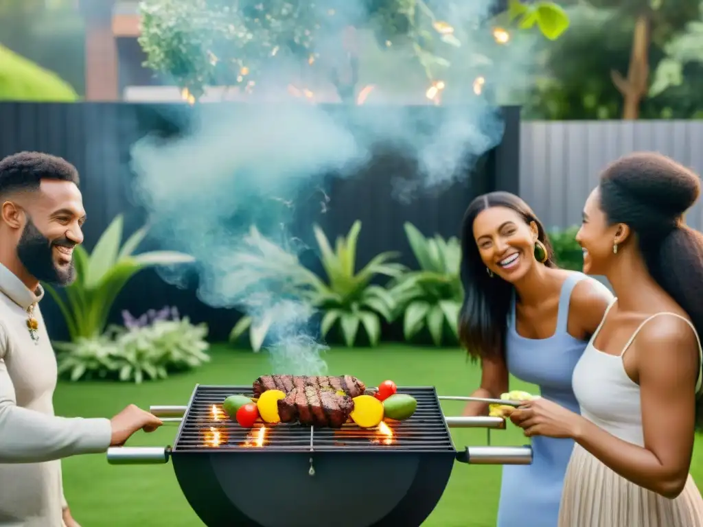 Un grupo diverso disfruta de un asado sostenible en un jardín verde y festivo, superando barreras con alegría y conciencia