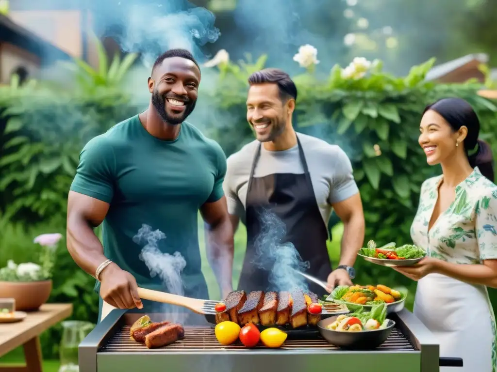 Grupo diverso disfruta del asado sostenible en jardín floreciente