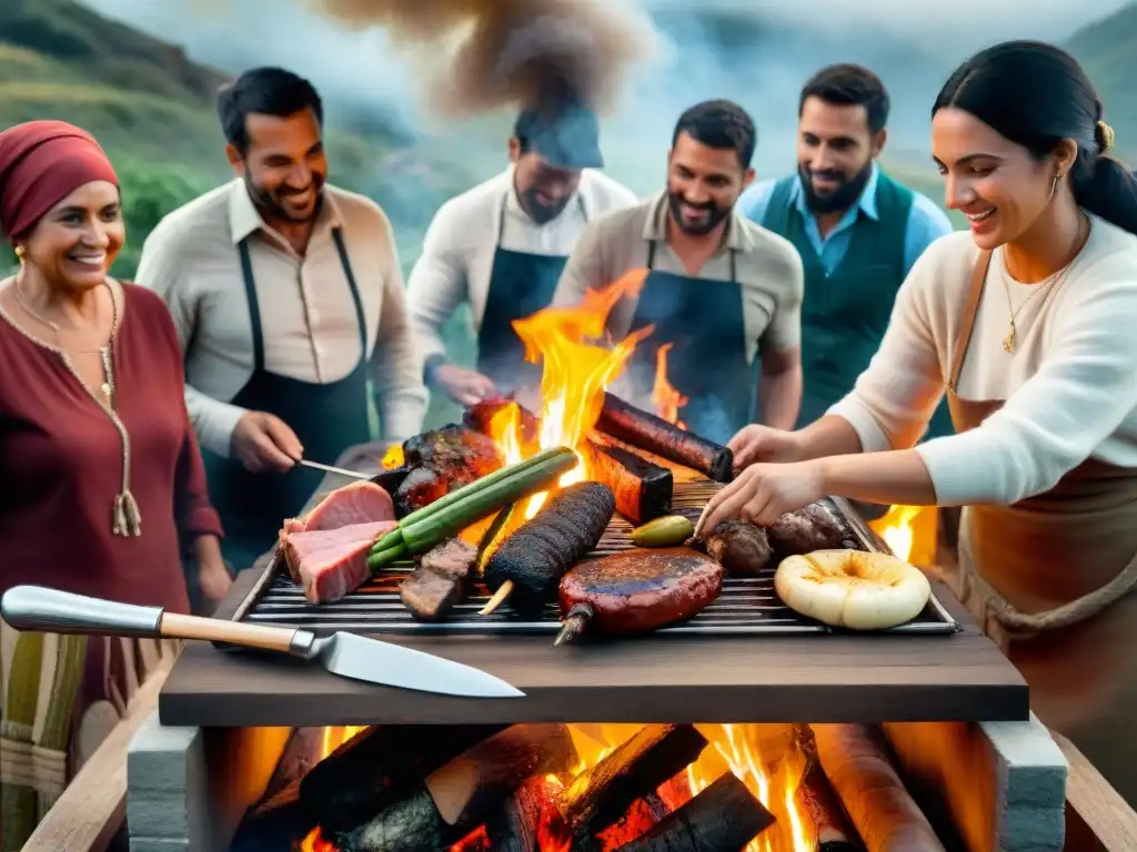 Un grupo diverso disfruta un asado uruguayo con prácticas sostenibles, uniendo comunidad y comida saludable