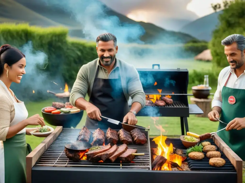 Un grupo diverso disfruta un asado uruguayo eco en comunidad, rodeados de naturaleza