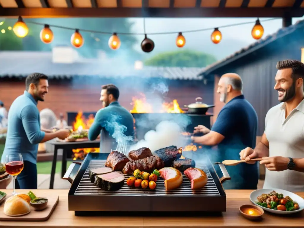 Grupo diverso disfrutando de un asado uruguayo alrededor de la parrilla, iluminados por luces en un patio