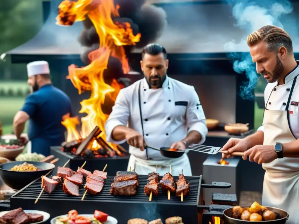 Un grupo diverso de chefs expertos asando carne al aire libre