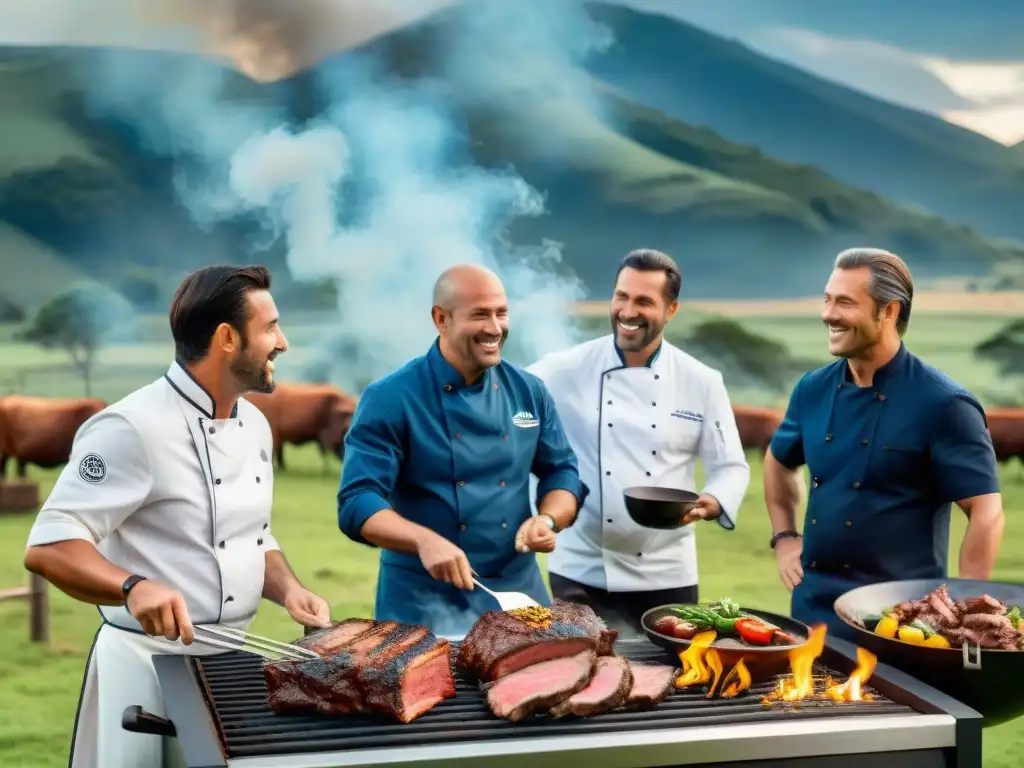 Un grupo diverso de chefs internacionales intercambian recetas de asado uruguayo alrededor de una parrilla gigante en el campo uruguayo