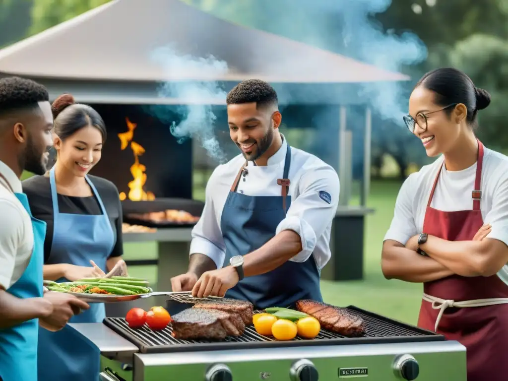 Un grupo diverso de estudiantes aprende técnicas culinarias en un curso presencial ciencia del asado