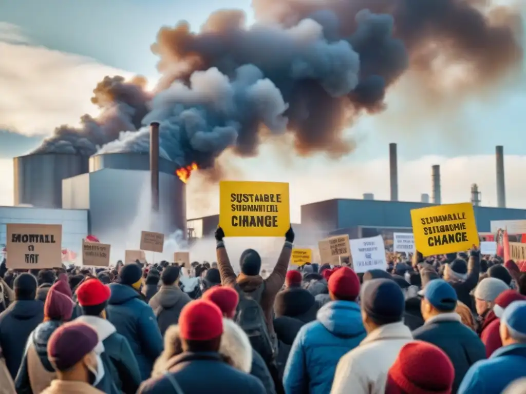 Un grupo diverso protesta pacíficamente frente a una planta procesadora de carne, exigiendo consumo responsable en industria cárnica