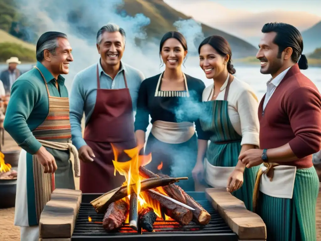 Un grupo diverso de inmigrantes en atuendos tradicionales uruguayos se reúnen alrededor de un asado, compartiendo historias y risas