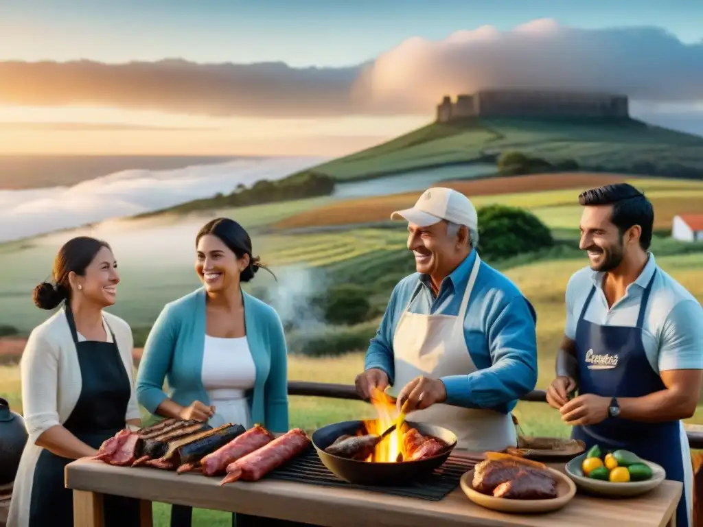 Un grupo diverso de inmigrantes cocinando en una parrilla uruguaya, compartiendo historias y risas al atardecer