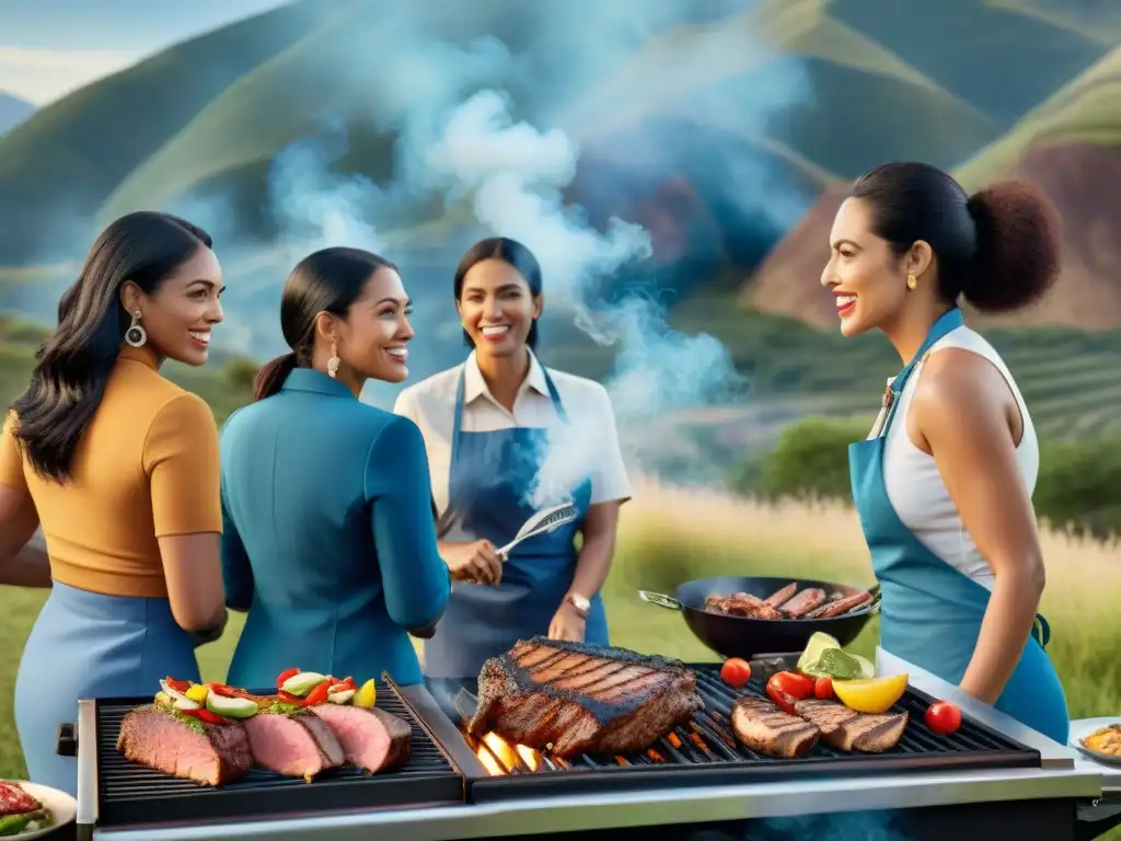 Grupo diverso de mujeres desafiando estereotipos, disfrutando un asado en paisaje uruguayo