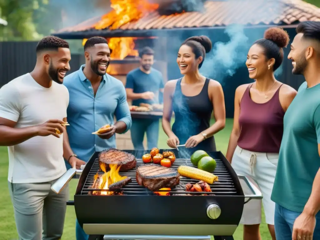 Un grupo diverso disfruta alegremente alrededor de una parrilla, transmitiendo seguridad y camaradería