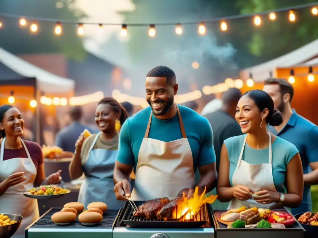 Un grupo diverso de personas se reúne en un asado solidario, compartiendo sonrisas y conversaciones bajo luces cálidas