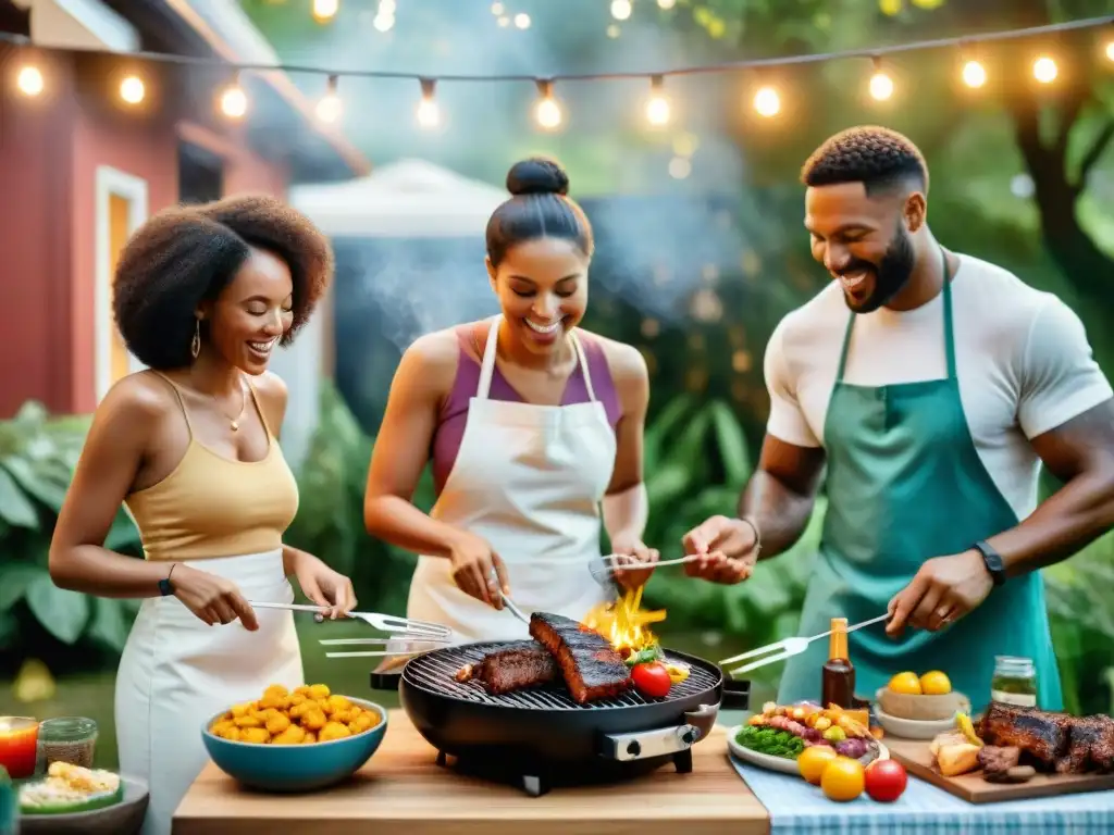 Un grupo diverso de personas adapta recetas de asado para alergias, cocinando y disfrutando juntos en un jardín luminoso