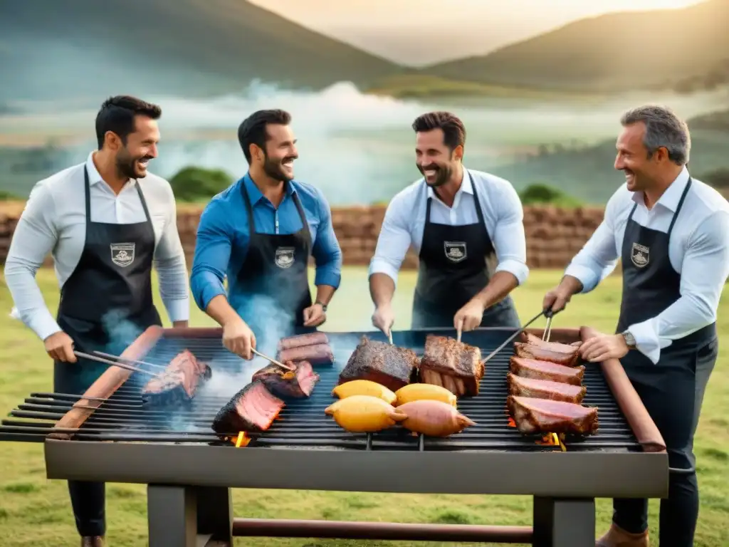 Un grupo diverso de profesionales disfruta de un asado uruguayo, fomentando el trabajo en equipo y la camaradería