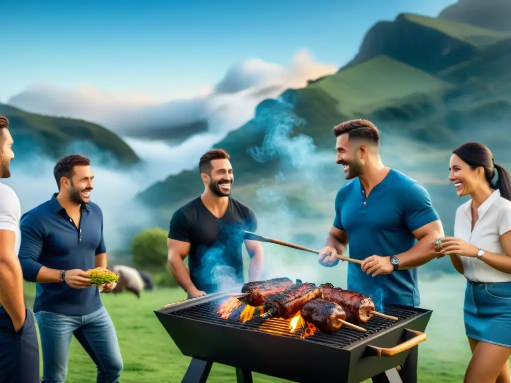 Grupo de empleados disfrutando de un asado uruguayo empresarial al aire libre con camaradería y alegría