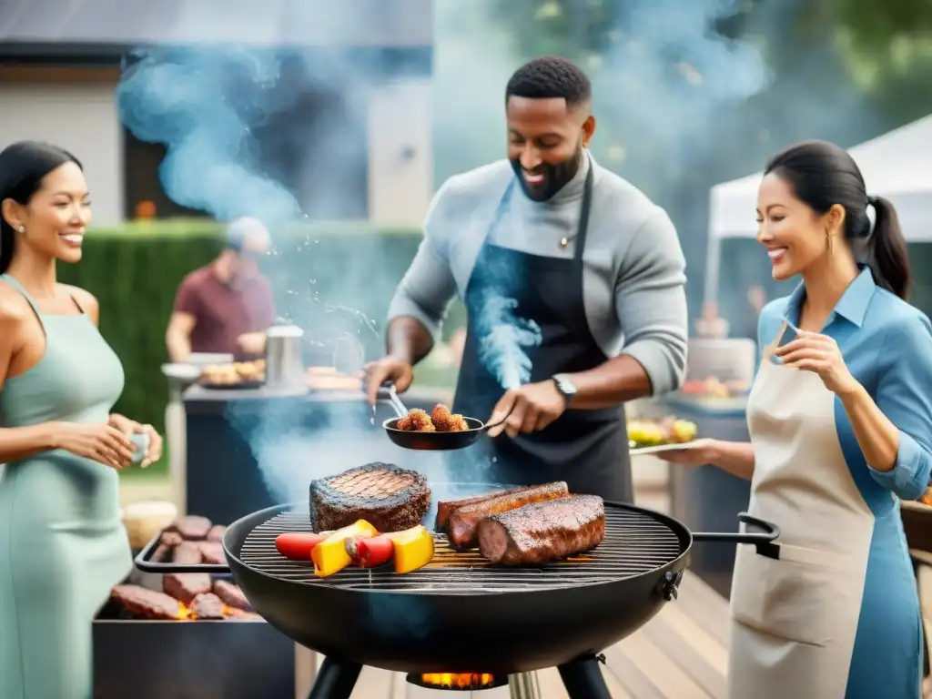 Un grupo entusiasta disfruta de un curso presencial ciencia del asado alrededor de una parrilla humeante en un día soleado