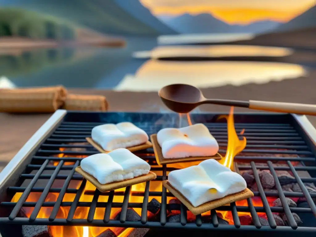 Un grupo de esponjosas marshmallows doradas sobre una parrilla, listas para s'mores estilo uruguayo