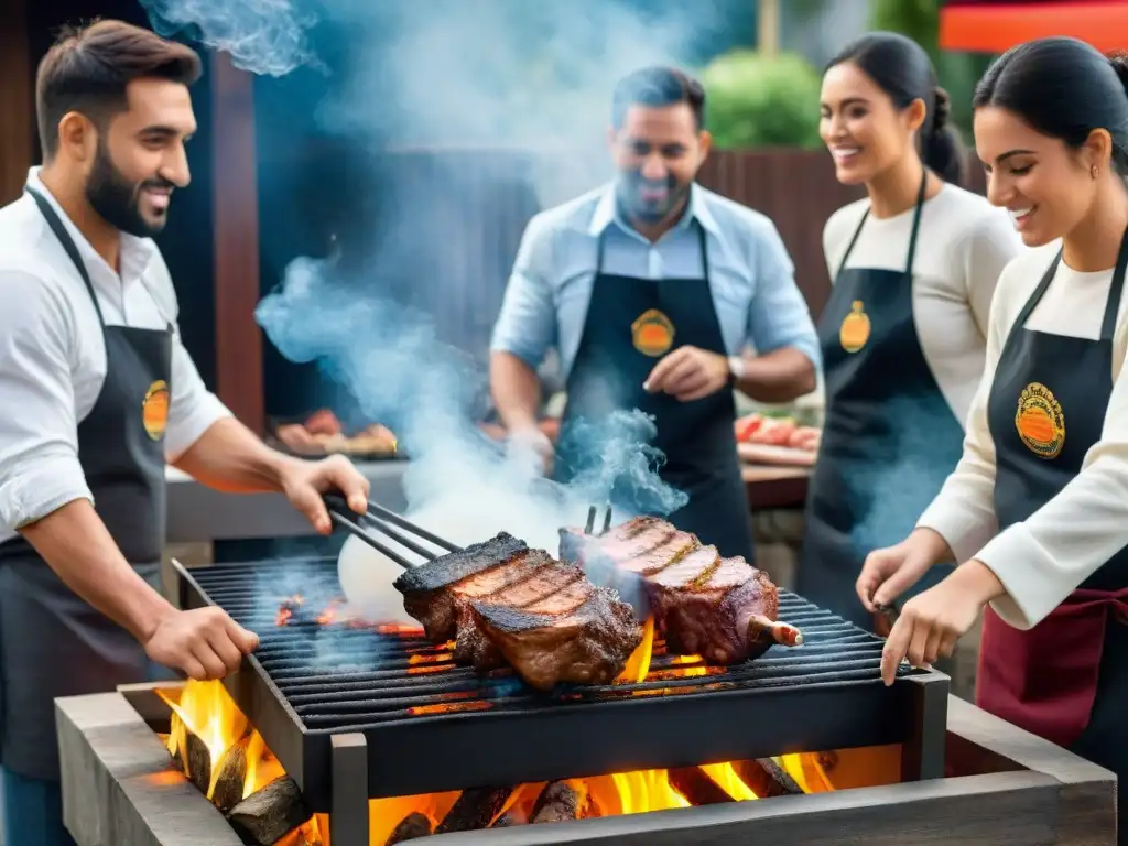 Un grupo de estudiantes entusiastas aprendiendo a asar en una parrilla uruguaya, con un experto asador