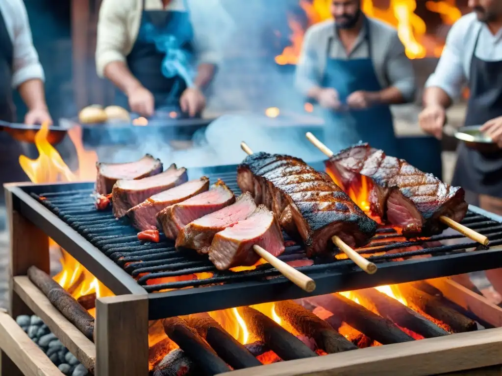 Un grupo de expertos asadores preparando carne en una parrilla uruguaya, resaltando el valor de las certificaciones asado uruguayo