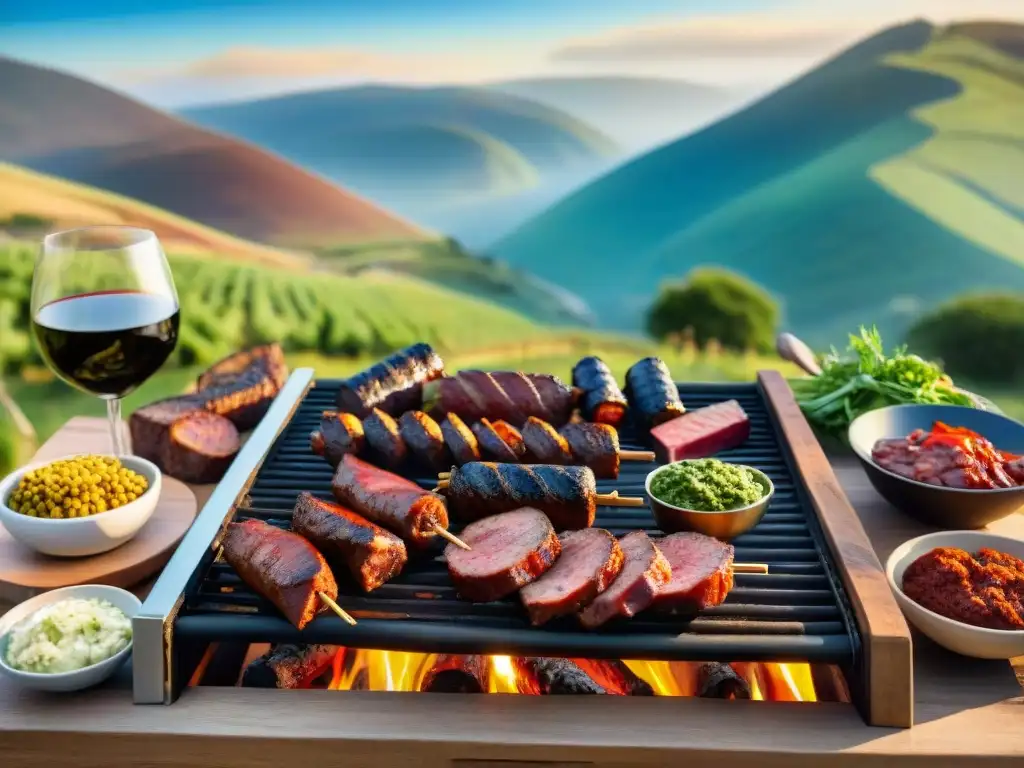 Grupo feliz disfruta de un asado uruguayo en el lanzamiento de un producto, con carne sizzling y vino Tannat en el campo al atardecer