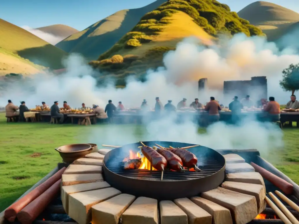 Grupo de gauchos preparando un asado tradicional en Uruguay, con una parrilla de ladrillos y utensilios rústicos, en el campo uruguayo