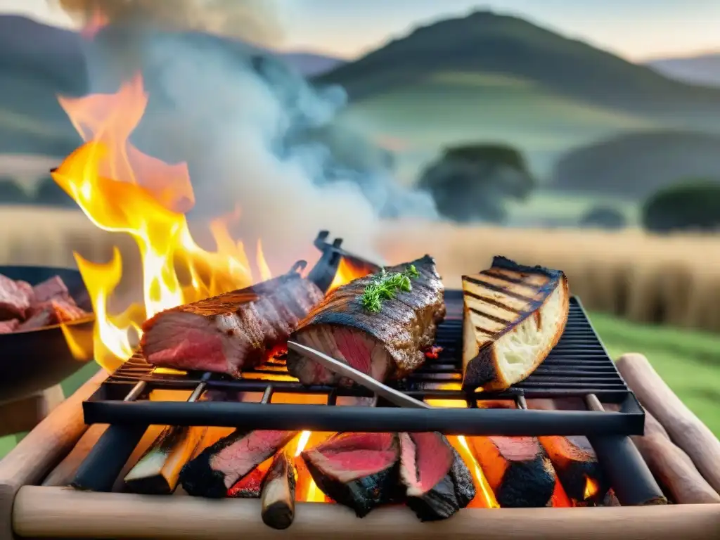 Un grupo de gauchos preparando un asado uruguayo en el campo, capturando la esencia de la historia y los mitos del asado uruguayo