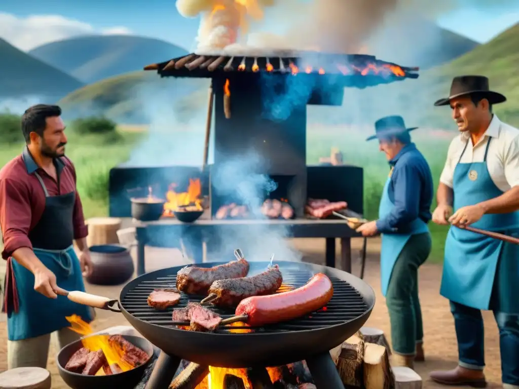 Grupo de gauchos en un asado uruguayo ancestral, compartiendo secretos del asado uruguayo ancestral alrededor de una parrilla humeante