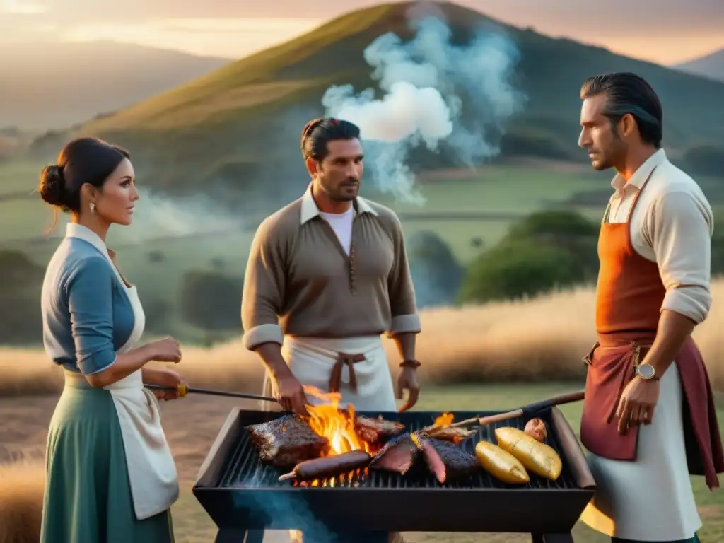 Grupo de gauchos asando carne en una parrilla uruguaya al atardecer, capturando la evolución del asado uruguayo