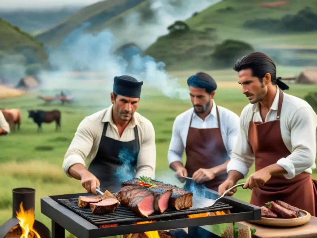 Un grupo de gauchos expertos en el arte del asado uruguayo, cocinando carne a la parrilla en un entorno campestre