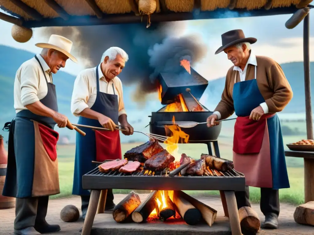 Un grupo de gauchos uruguayos preparando un asado tradicional en el campo