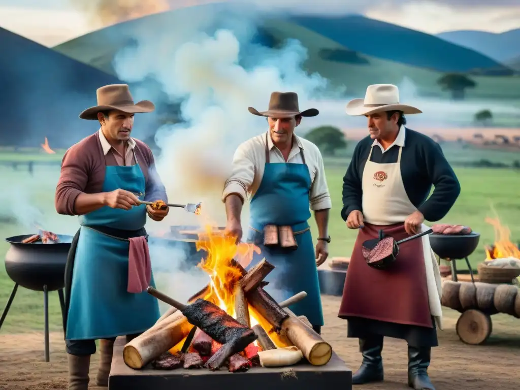 Maestros del asado: Gauchos uruguayos preparando un festín campestre Un grupo de gauchos uruguayos preparando un asado con maestría y tradición en el campo