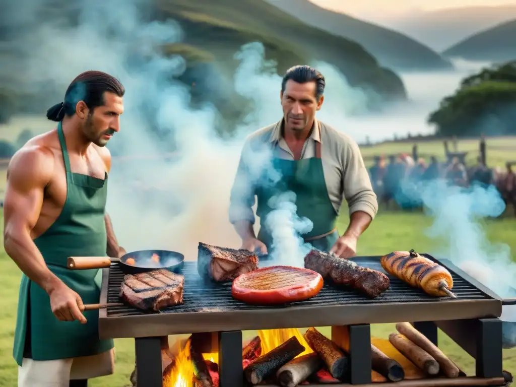 Un grupo de gauchos uruguayos preparando un asado tradicional, evocando el origen y la tradición culinaria en tiempos de guerra