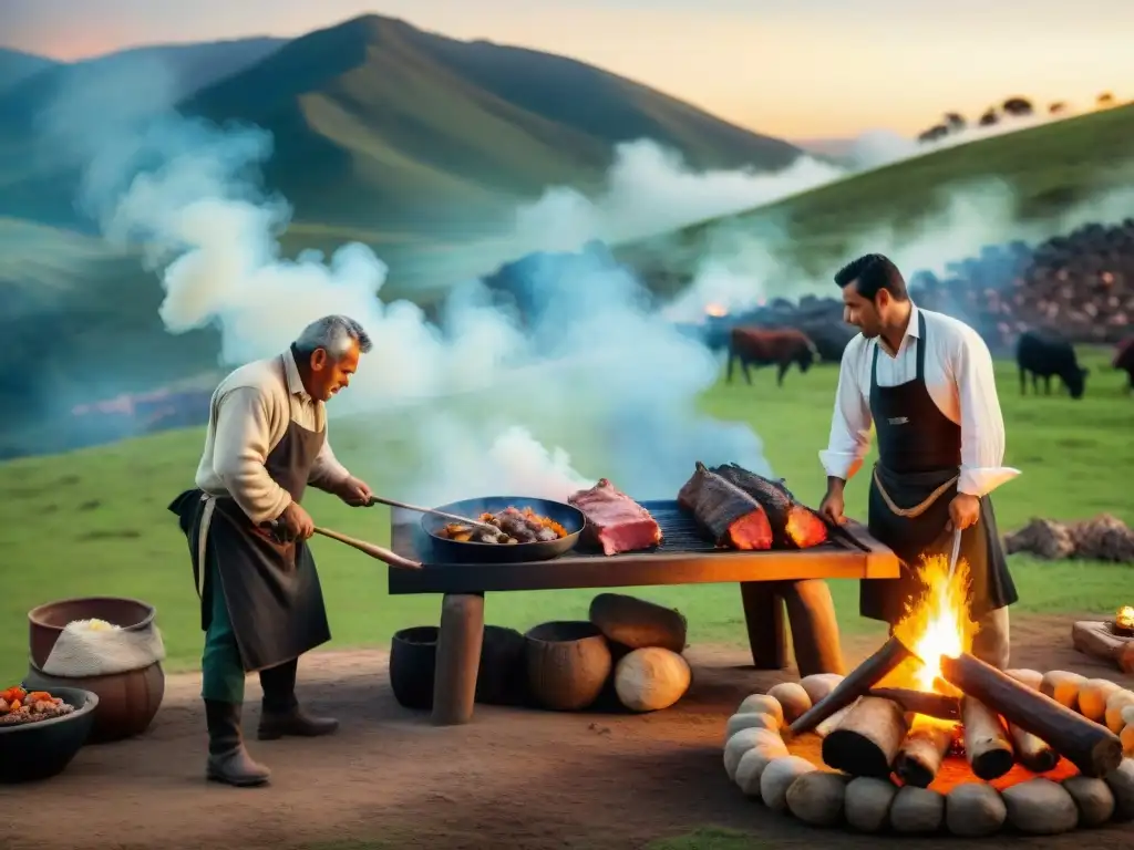 Grupo de gauchos uruguayos expertos preparando asado tradicional en el campo