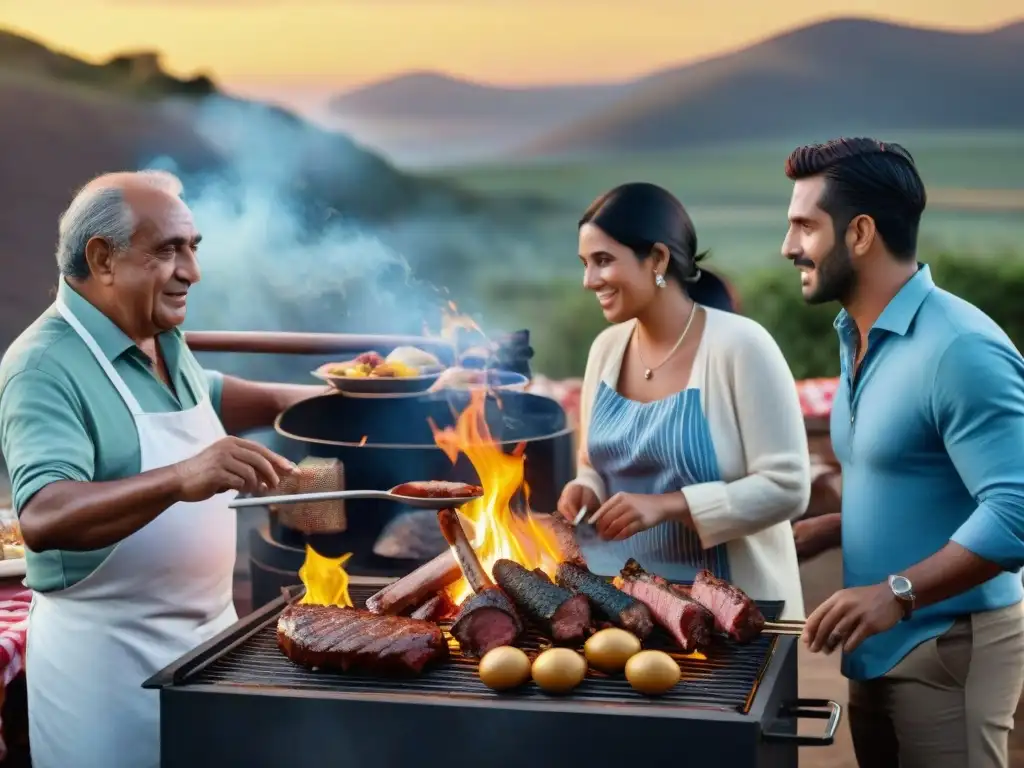 Un grupo de inmigrantes compartiendo historias alrededor de una parrilla uruguaya al atardecer