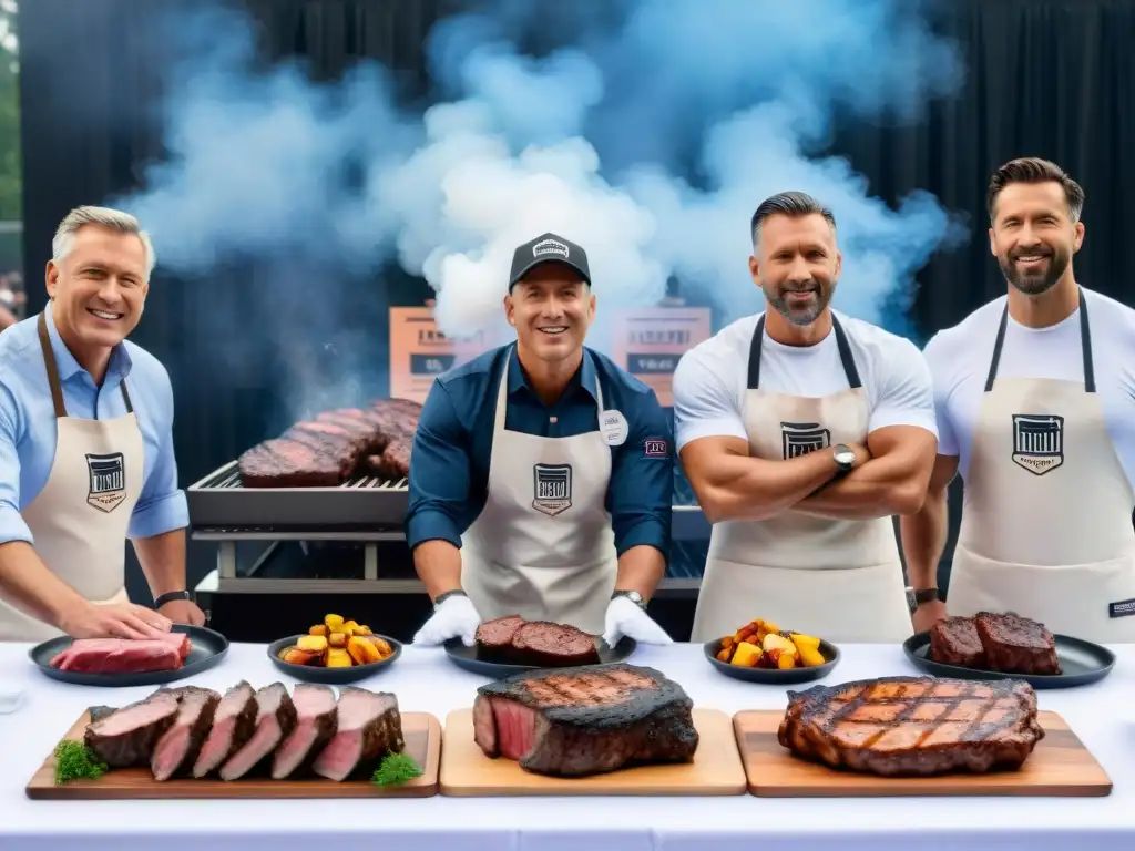 Grupo de jueces evaluando carnes asadas en torneo, con público y marca promocional