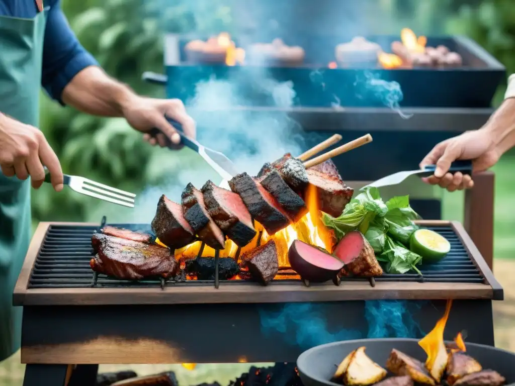 Un grupo de maestros asadores prepara un asado uruguayo con pasión, rodeados de carnes, verduras y hierbas